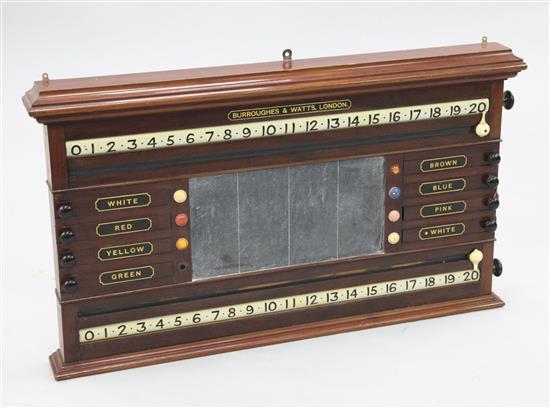 A Victorian mahogany snooker / billiards scoreboard by Burroughes & Watts of London, W.2ft 11in.